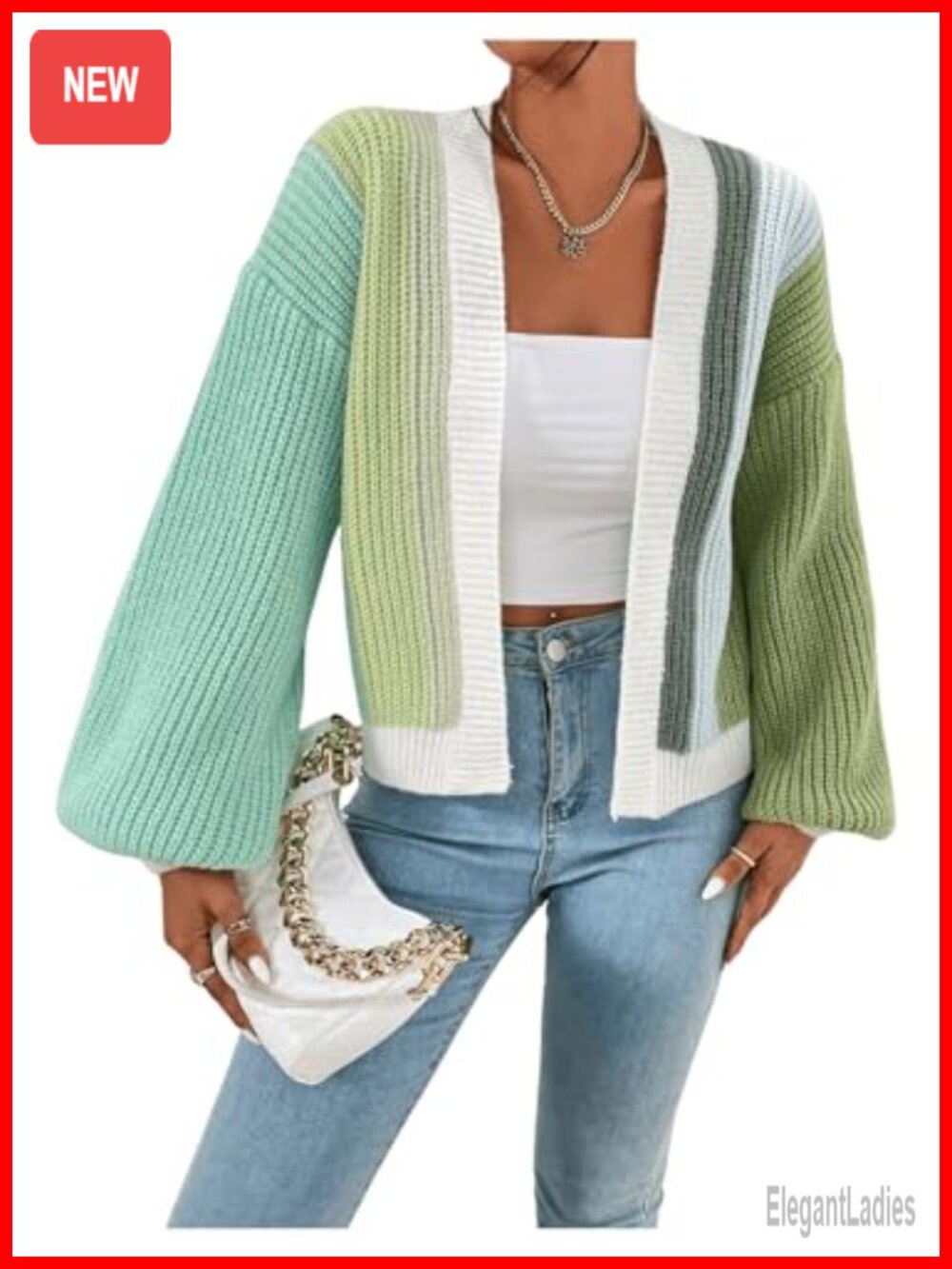 Color Block Open Front Ribbed Knit Cropped Cardigan Sweater - Picture 4 of 6